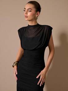 SHEIN BAE 黑色披肩式优雅薄纱褶皱连衣裙，适合浪漫约会、派对、正式聚会、伴娘礼服、女士夏季连衣裙、下午茶会连衣裙、新年、情人节、生日迷你连衣裙、黑色连衣裙 - 黑色 - 查看 3