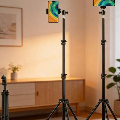 Teckwe 160cm Floor-Standing Tripod Stand With Pan-Tilt Head And Phone Holder Compatible With IPhone Android Phone Mobile Phone Suitable For Live Streaming, Vlog,Family Gatherings, Christmas Party Shooting,For Handheld Selfie, Outdoor Activities, Interviews Compatible With Iphone Android Phone For Summer Vacation, Travel, Fill Light, Outdoor Activities, Live Streaming Selfie Stick