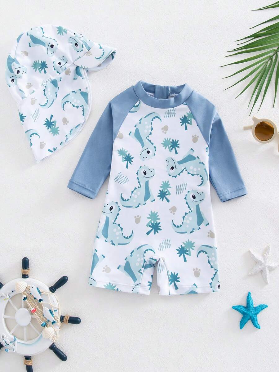SHEIN Conjunto de traje de baño y gorro con estampado de dinosaurio tejido para recién nacidos - Multicolor - Ver 1