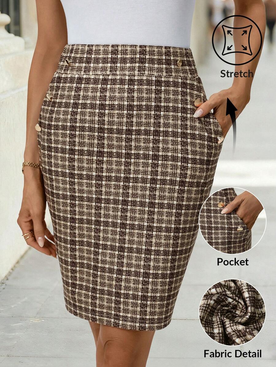 Editum 女士优雅仿皮口袋金属扣半身裙，适合通勤、日常休闲穿着，夏季款