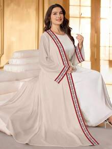 SHEIN Najma 大码女士几何条纹印花长袖休闲阿拉伯长袍，春秋季 - 彩色 - 查看 4