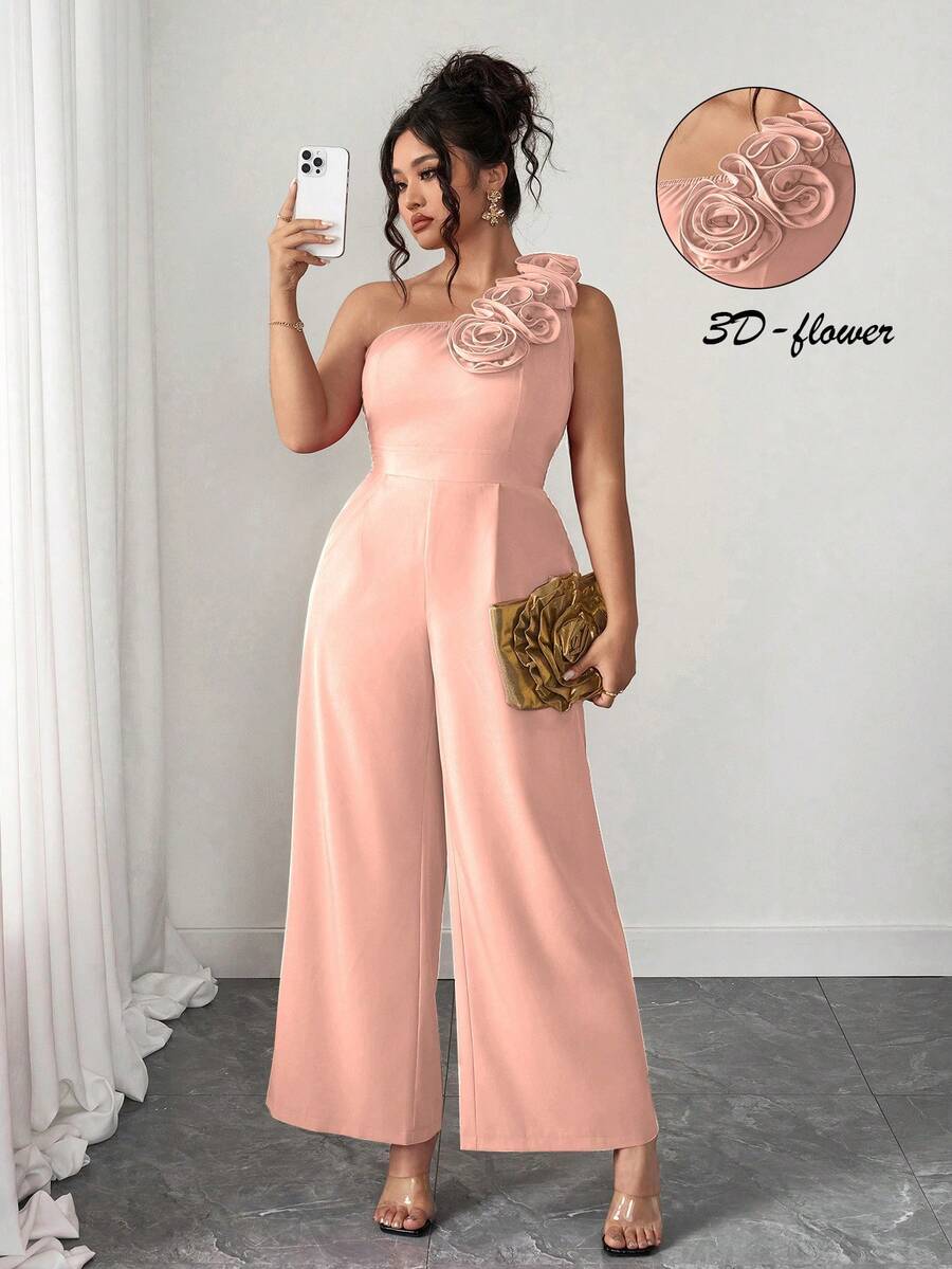 Elenzga Summer Fashionable French Retro Romantic Asymmetric Shoulder Floral Jumpsuit - Pink - View 1