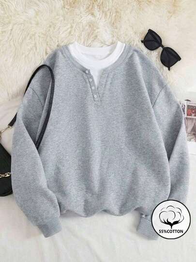 K-Vae 女士休闲纽扣设计落肩长袖宽松卫衣