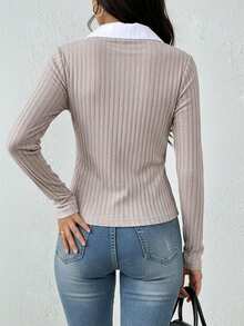 Blusa mujer manga larga acanalada cuello tipo camisa escote en V diseño elegante ajustado textura suave ideal oficina casual outfits modernos - Avena - Ver 2