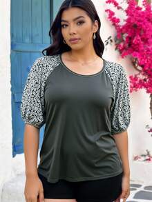 SHEIN LUNE Plus Size Boho Print Round Neck Casual Versatile T-Shirt Thanksgiving Women New Years Women Winter Women Rave - Grey - View 1