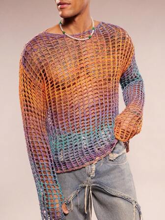 FeverCity Men's Colorful Hollow Out Crew Neck Long Sleeve Sweater