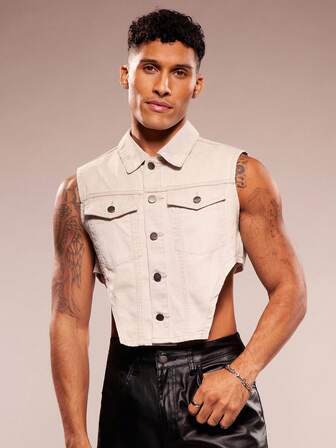 FeverCity Top de mezclilla sin mangas con dobladillo asimétrico y sexy, de moda para hombre, de verano