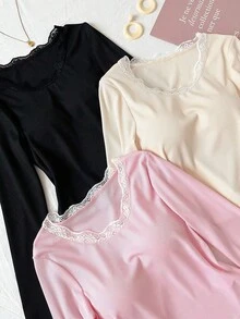 Bộ 3 áo thun dài tay cổ tròn viền ren cho bé gái, áo thun đa năng thường ngày, mặc hàng ngày, mùa thu - Màu be - Xem 4