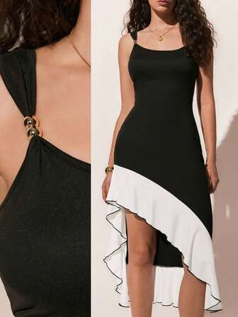 Poéselle Women's Elegant Commuter Color Block Asymmetric Hem Mid-Length Dress