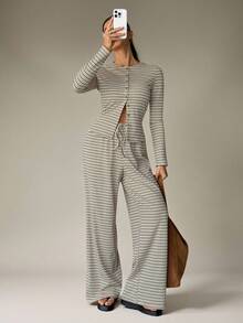 SHEIN Tall 2pcs Women Casual Striped Front Button Long Sleeve Top And Wide Leg Pants Set, Autumn - Multicolor - View 1