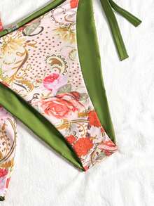 Soleia Plus Size Women Floral Print Contrast Green Bikini 3 Pieces Set - Multicolor - View 5