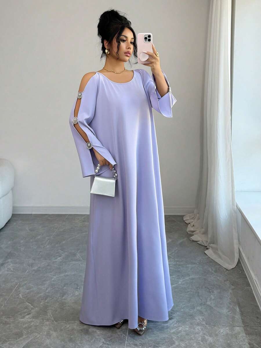 Yasmyna Women's Solid Color Round Neck Hollow Out Long Sleeve Loose Arabic Style Dress Kaftan Jalabiya Dress