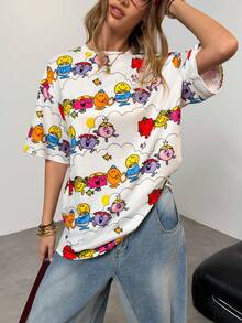 Mr Men Little Miss X SHEIN Women's Casual Cute Cartoon Pattern Round Neck Short Sleeve T-Shirt, Summer - Multicolor - View 4