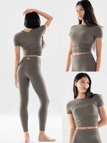 GLOWMODE FeatherFit™ Focus Drawstring Pleated Short Sleeve Tee Light Support Low Impact Yoga Pilates Studio Gym Summer - Volcanic Gray - View 7