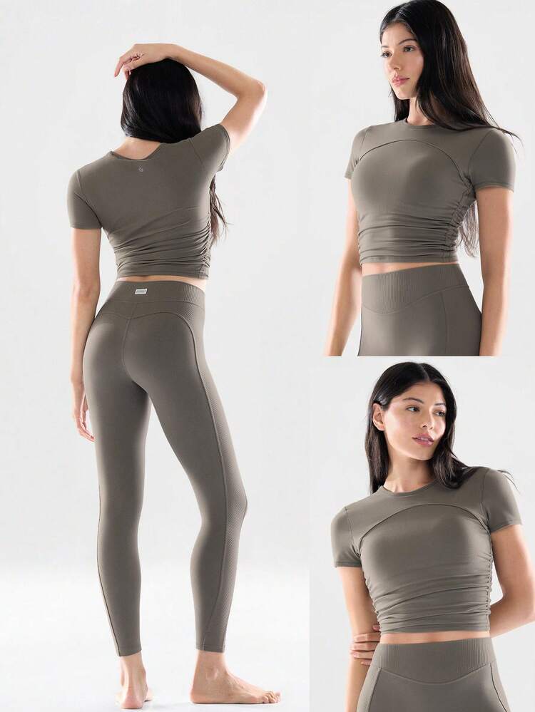 FeatherFit™ Focus Drawstring Pleated Short Sleeve Tee Light Support Low Impact Yoga Pilates Studio Gym Summer