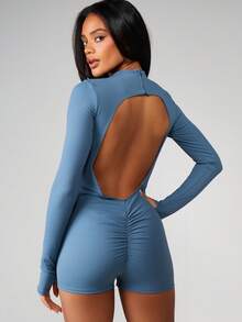 MISSGUIDED Long Sleeve Open Back Bodysuit Playsuit With High Neck And Fitted Silhouette - Blue - View 1