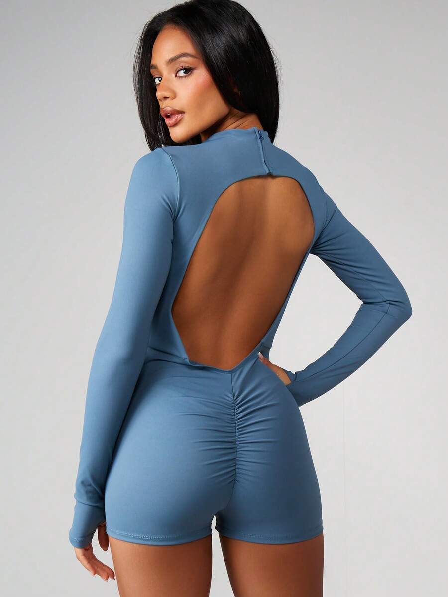 MISSGUIDED Long Sleeve Open Back Bodysuit Playsuit With High Neck And Fitted Silhouette - Blue - View 1
