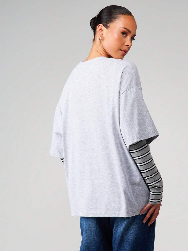 MISSGUIDED Camiseta Casual de Manga Longa com Gola Careca e Mangas Listradas em Algodão Mescla para Outono e Inverno, Modelo Oversized e Camadas