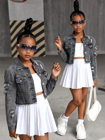 Tween Girls Y2K Casual Grey Washed Mid-Waist Baggy Ripped Denim Jeans Jacket,Boyfriend Jeans Jacket,Halloween Outfits,Fall Clothes,Christmas Pants,Fall Outfits,Girls Fall Winter Back To School Homecoming Jeans,Girls Pants Streetwear Vintage Outfits,Comfortable And Versatile, For 8-12 Years Old Girls, Suitable For School, Home And Travel,Clothes For New Year,Casual Elegant Outfits