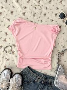 少女白色针织休闲简约波点印花不对称褶皱短款上衣，适合春夏穿着，休闲百搭，可打造个性造型，日常穿着 - 粉色 - 查看 5