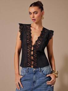 SHEIN BAE 黑色蕾丝无袖V领极简上衣，黑色蕾丝吊带背心 - 黑色 - 查看 5