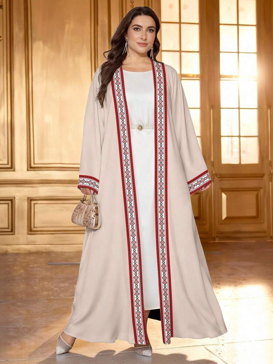 SHEIN Najma 大码女士几何条纹印花长袖休闲阿拉伯长袍，春秋季 - 彩色 - 查看 1