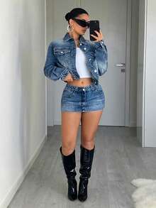 Jeanoix Y2K Style Denim Jacket With Lapel, Drop Shoulder And Front Opening - Medium Wash - View 3