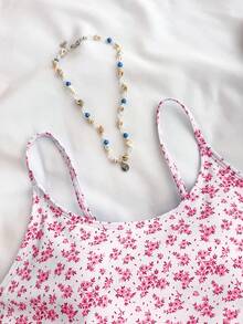 SHEIN 少女粉色碎花镂空连体泳衣，带裙式罩衫，度假风 - 粉色 - 查看 3