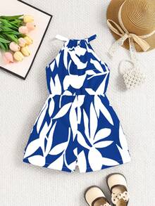 Elladie kids Mono de verano casual con estampado floral y cuello halter para niña - Azul - Ver 5