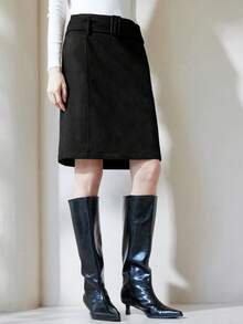 Aveloria Modichic 秋冬新款女装欧美风仿麂皮腰带宽松休闲复古通勤优雅半身裙 - 黑色 - 查看 4