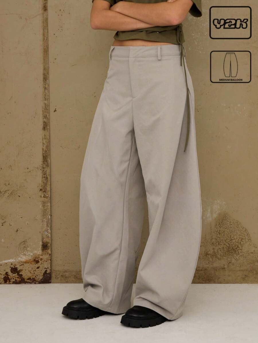 COUREZ Low Rise Medium Balloon Trousers With Side Pleats Detail In Nylon/ Y2K Fall Winter Clothes For Women Streetwear Baggy Oversized Bottoms Going Out New Years - Grey - View 1