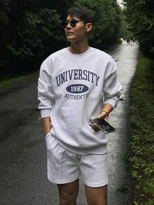 DAZY Men's Grey Thick Letter Print Pullover Pullover Sweatshirt Set, Spring/Autumn - Grey - View 3