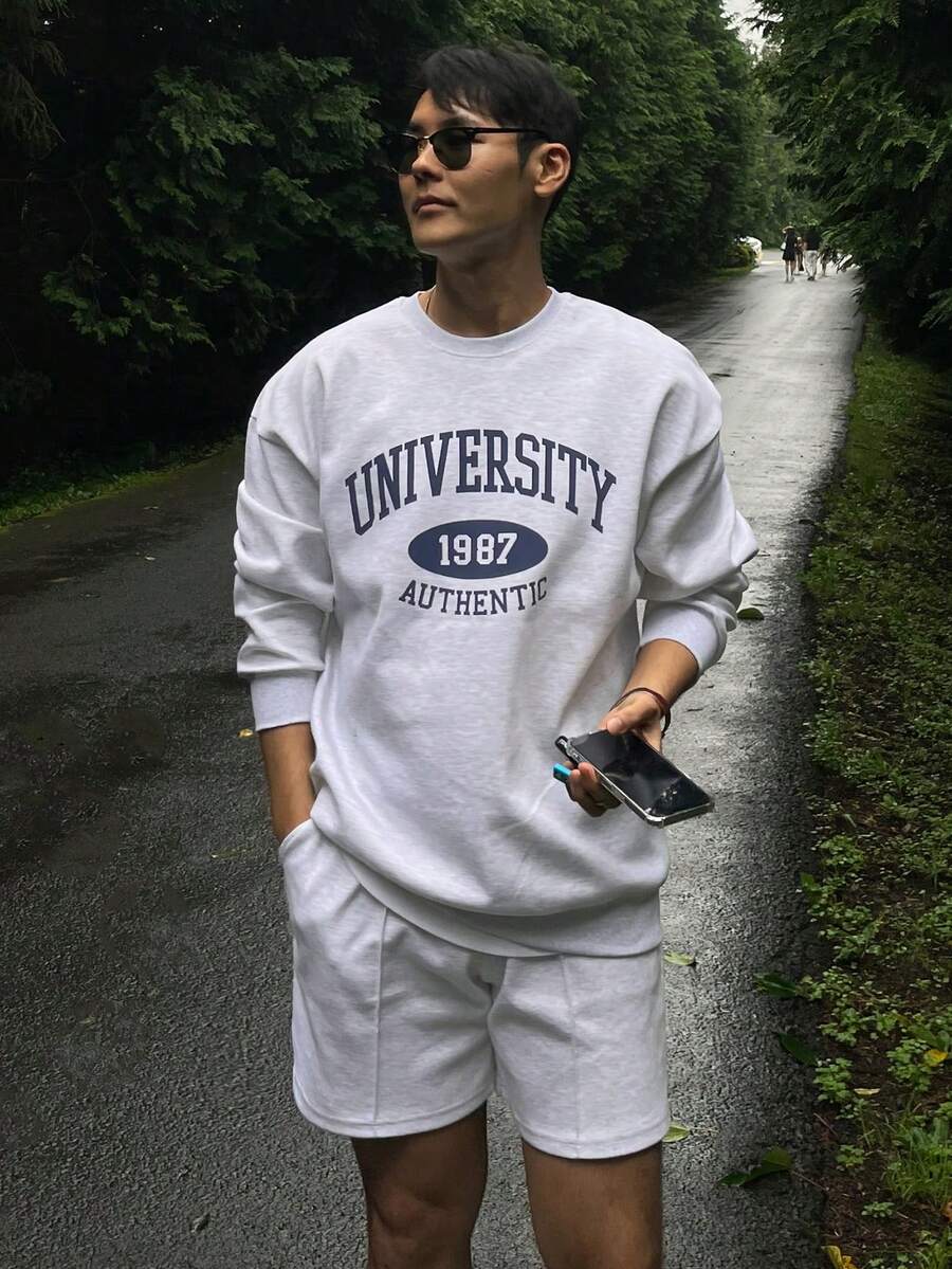 DAZY 男士灰色厚字母印花套头衫卫衣套装，春秋季 - 灰色 - 查看 1