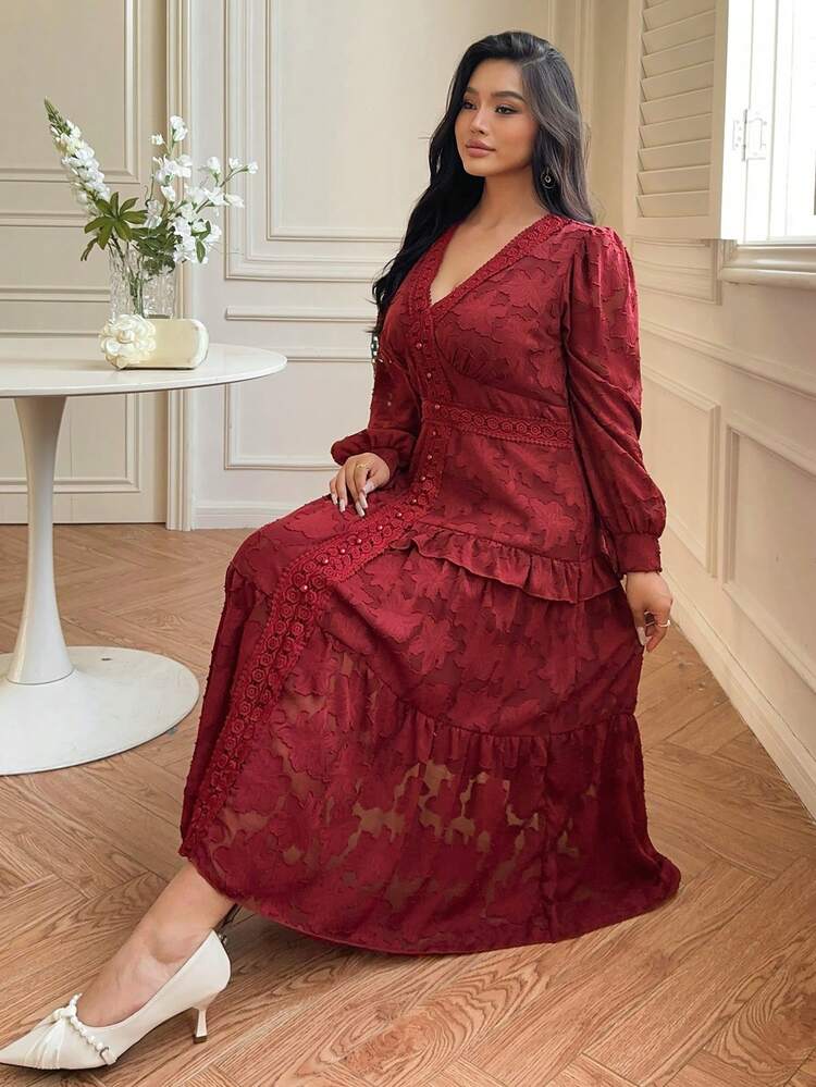 Dazy Plus Valentine Plus Size Women V-Neck Elastic Fitted Elegant Lace Red Party/Date Dress, Spring/Autumn Maxi Dress Sundress
