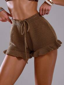 Swim Glamine 女士纯色抽绳腰荷叶边下摆罩衫短裤套装 - 棕色 - 查看 6