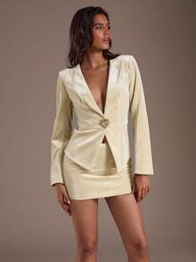 SHEIN Glamour 女士纯色修身优雅金属纽扣复古V领西装外套套装，商务休闲风 - 杏色 - 查看 7