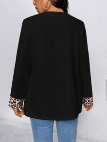 EMERY ROSE Women's Casual Long Sleeve Blazer Jacket With Leopard Print Patchwork - Black - View 2