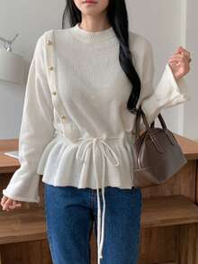 DAZY Women's Solid Color Drop Shoulder Flare Sleeve Drawstring Waist Casual Sweater, Autumn/Winter - Apricot - View 1