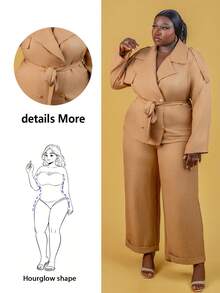 CurvyTilda Bộ 2 món thời trang xuân/thu 2025 thanh lịch, thoải mái, đi làm & dự tiệc, tay dài, cổ ve áo, khóa kim loại, áo khoác mỏng và quần dài ống rộng có túi dành cho nữ cỡ lớn - Màu Khaki - Xem 1