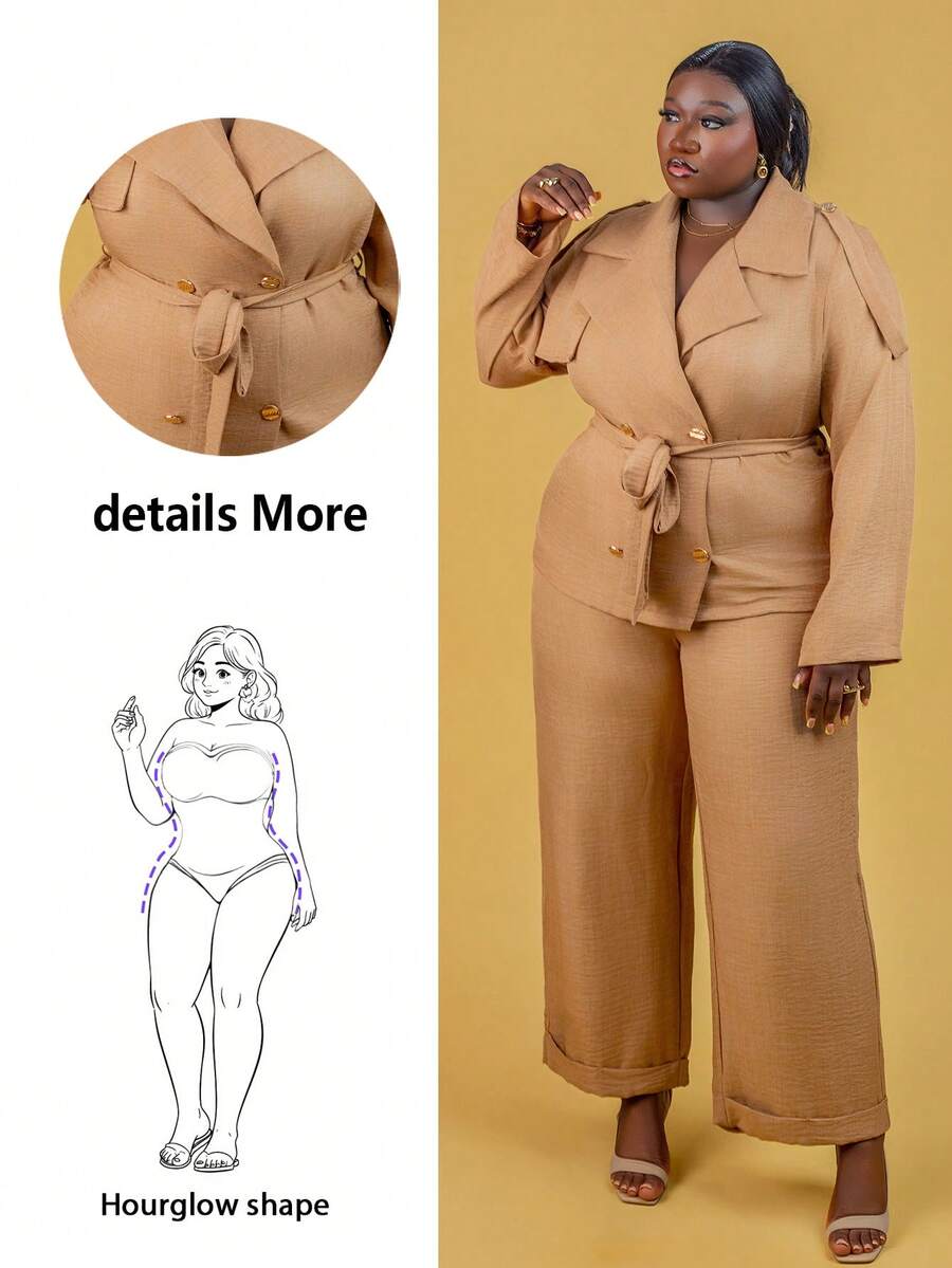 CurvyTilda Bộ 2 món thời trang xuân/thu 2025 thanh lịch, thoải mái, đi làm & dự tiệc, tay dài, cổ ve áo, khóa kim loại, áo khoác mỏng và quần dài ống rộng có túi dành cho nữ cỡ lớn - Màu Khaki - Xem 1