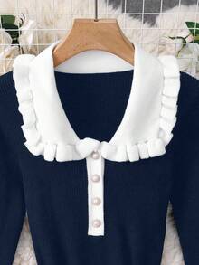 SHEIN Franclia 新款荷叶边针织连衣裙，复古优雅法式风格毛衣连衣裙，适合秋冬季穿着 - 寶藍色 - 查看 5