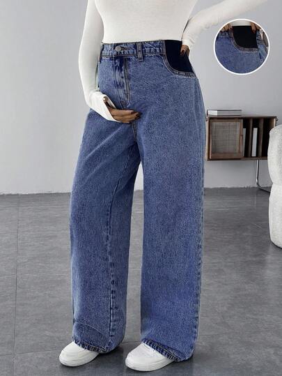 SHEIN Casual Loose Wide-Leg Blue Jeans Women Jeans Baggy Jeans Casual Loose Wide Leg Pants Blue Women's Straight Jeans Thanksgiving Women Outfit Wide Waist