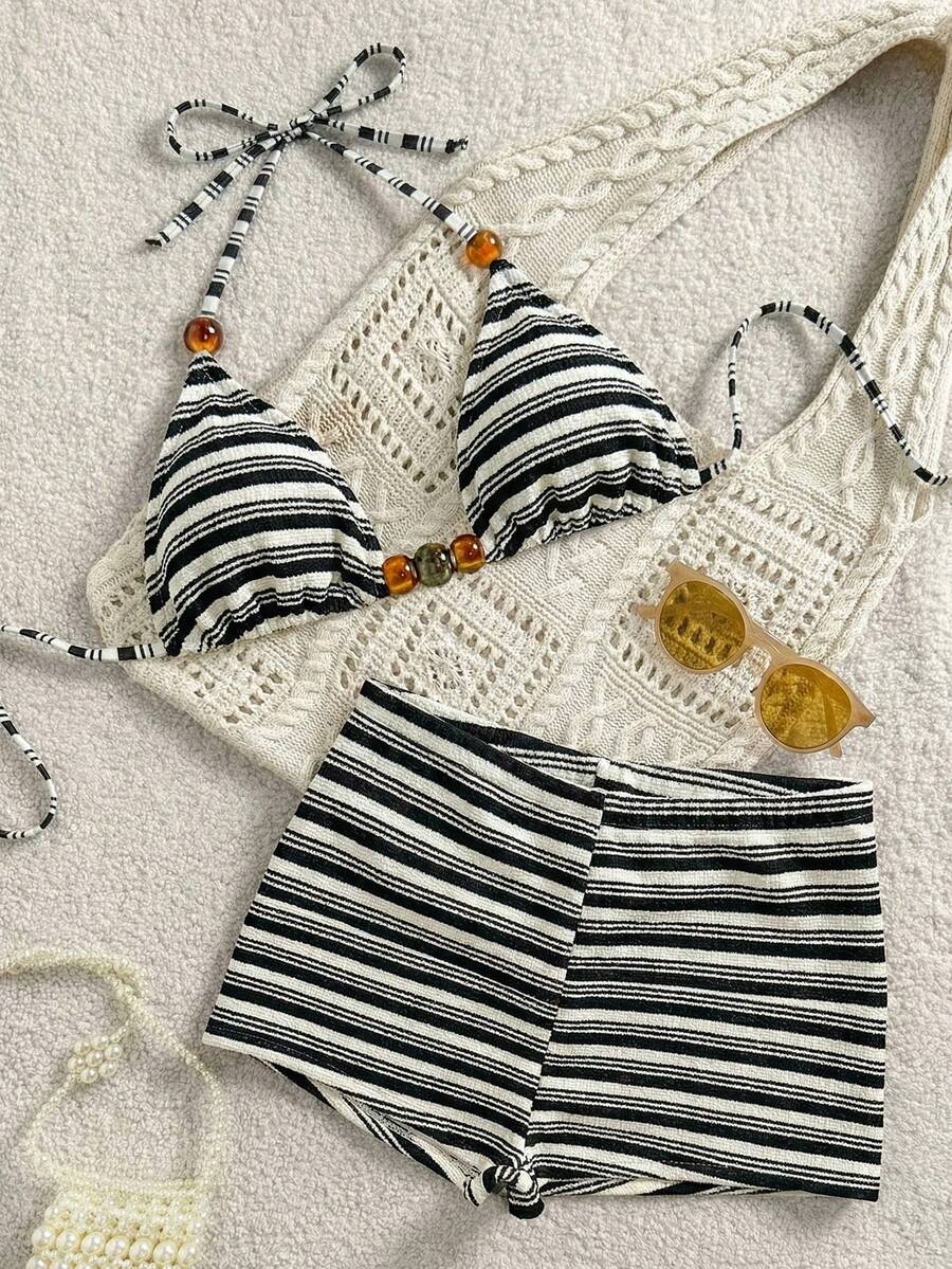 Swim Vcay 女士夏季休闲可爱两件套沙滩装，树脂珠饰三角比基尼上衣和短裤，特殊面料泳衣 - 彩色 - 查看 1
