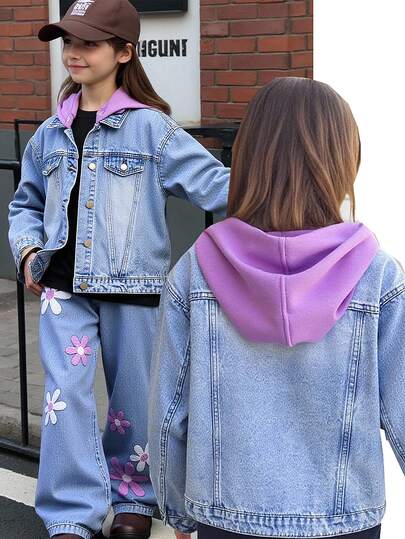 Tween Girls Denim Jackets & Coats, NAll-Matchsic Casual Light Blue Washed Denim Jacket Coat, Made Of Soft Cotton Denim, With Detachable Purple Knit Hat, Oversized Slouchy Style, Fashion Must-Ha Trendy Girls, Versatile Denim For Daily OOTD And Outings