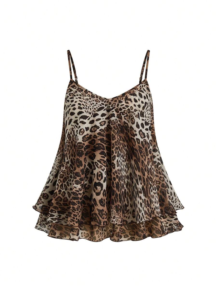 Franclia Camiseta de tirantes con estampado de leopardo para mujer de talla grande - Marrón - Ver 1