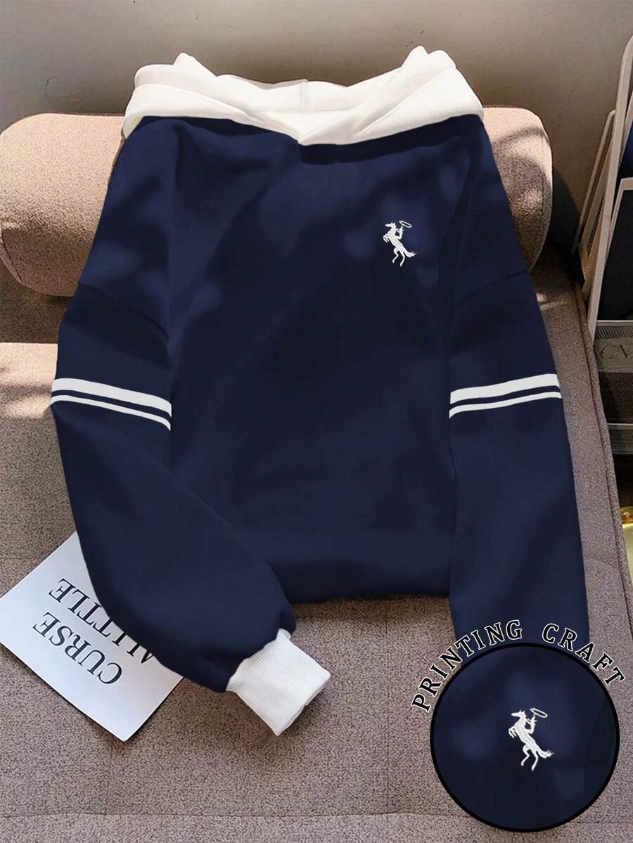 Resyla Áo nỉ chui đầu dài tay có mũ trùm đầu thêu màu tương phản dành cho nữ, Thu/Đông - Nhiều màu - Xem 1