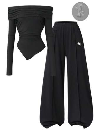 Reset Phase Teen Girl Solid Color Off-Shoulder Ruched Asymmetric Fitted Top And Draped Wide Leg Pants Snug Fit Suit, French Elegant Office Wear 2-Piece Set