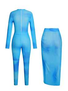 Swim Shayni 夏季时尚高端渐变印花连体泳衣，搭配薄纱纱笼裙 - 藍色 - 查看 7