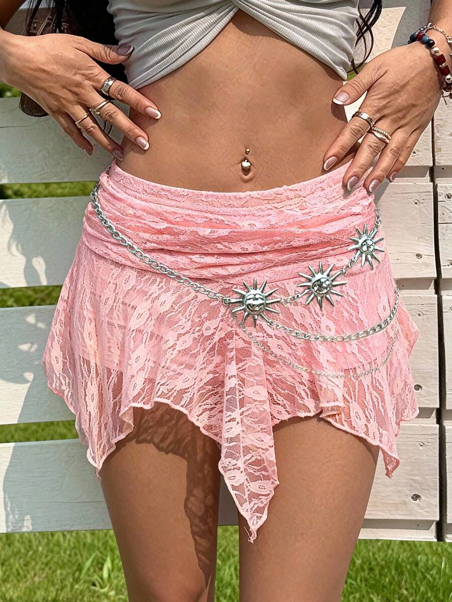 SHEIN EZwear Women's Pink Lace Asymmetric Hem Skirt, Spring/Summer - Pink - View 1