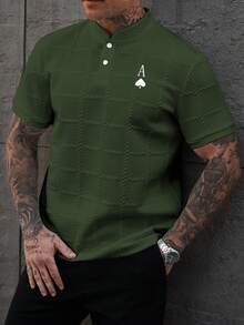 Manfinity Homme 男士 Polo 衫，商务休闲，纹理面料，印花设计绿色 Polo 衫，男士高尔夫球衫，学院风图案 Polo 衫，绿色男士短裤套装，黑桃 A 男士衬衫 - 綠色 - 查看 3